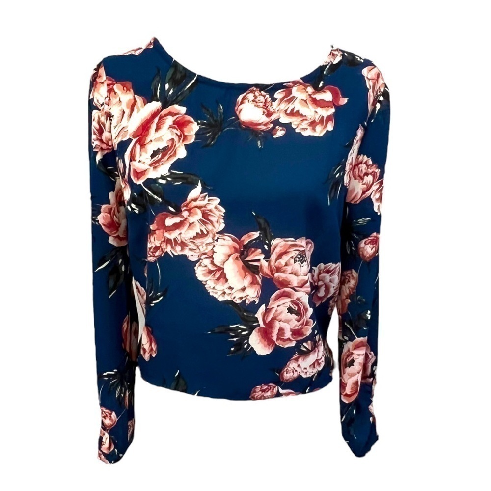 Charlotte Russe Floral Blue Sheer Long Sleeve Tie Back Top - Size Large